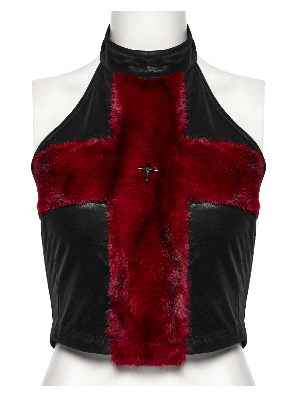 Stylish Halter Cross Fur Top in Faux Leather and Wool