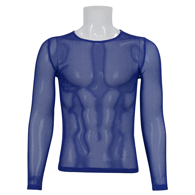 Stylish Men's Blue Mesh Top: Fashionable Long Sleeves