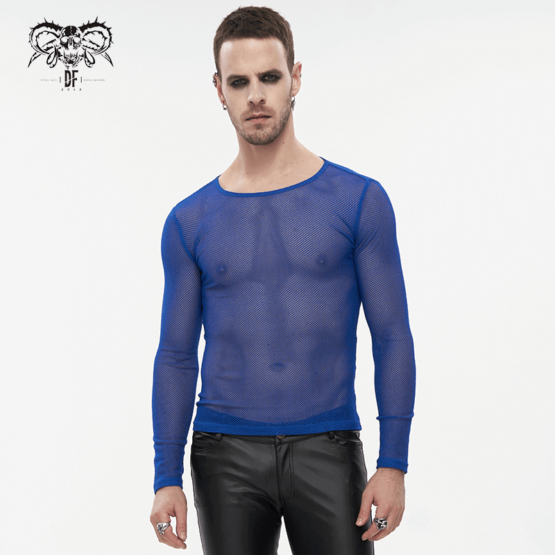 Stylish Men's Blue Mesh Top: Fashionable Long Sleeves