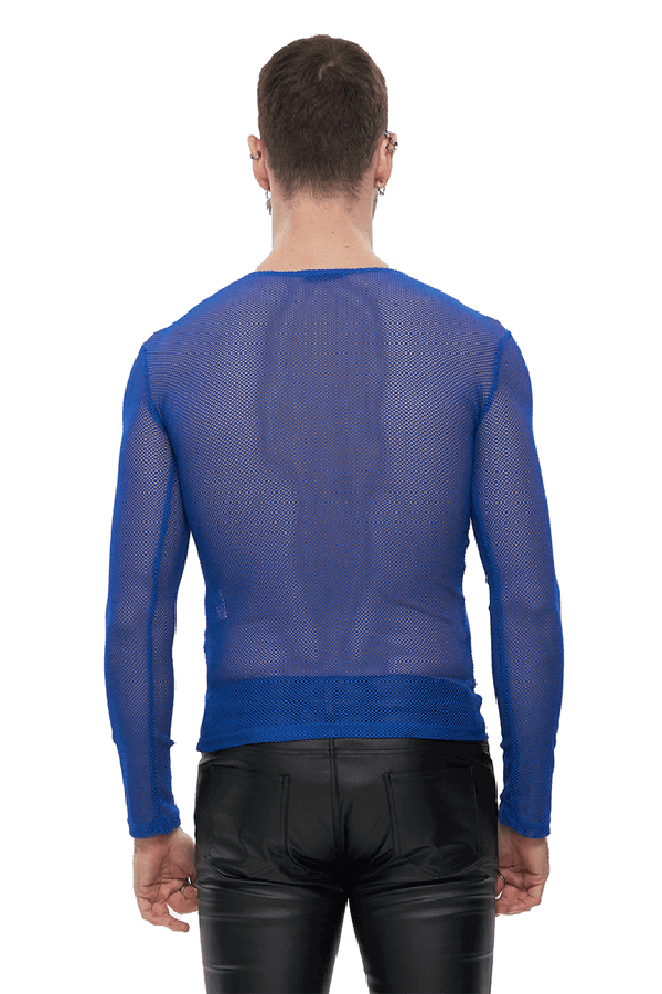 Stylish Men's Blue Mesh Top: Fashionable Long Sleeves