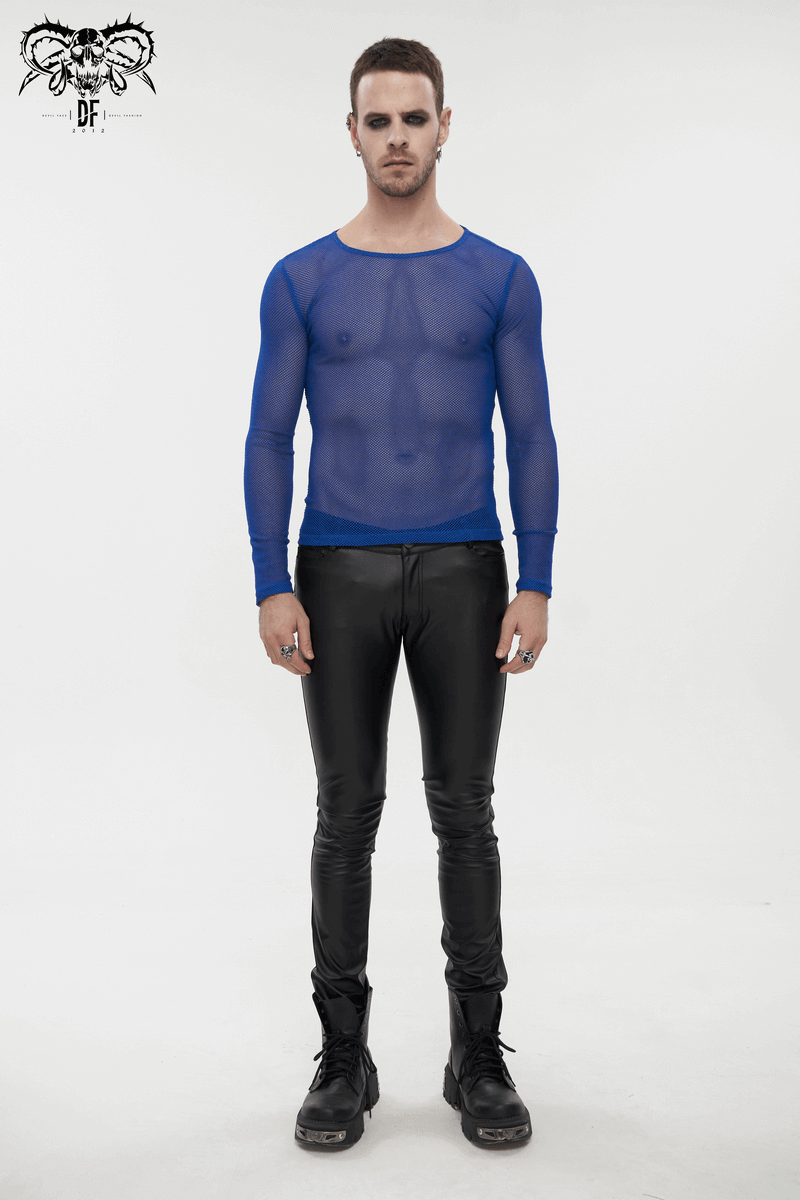 Stylish Men's Blue Mesh Top: Fashionable Long Sleeves