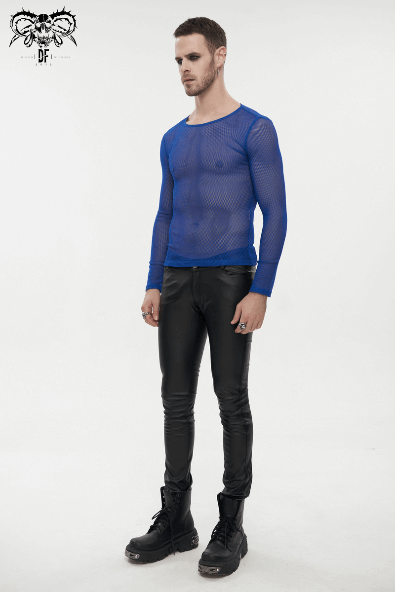 Stylish Men's Blue Mesh Top: Fashionable Long Sleeves