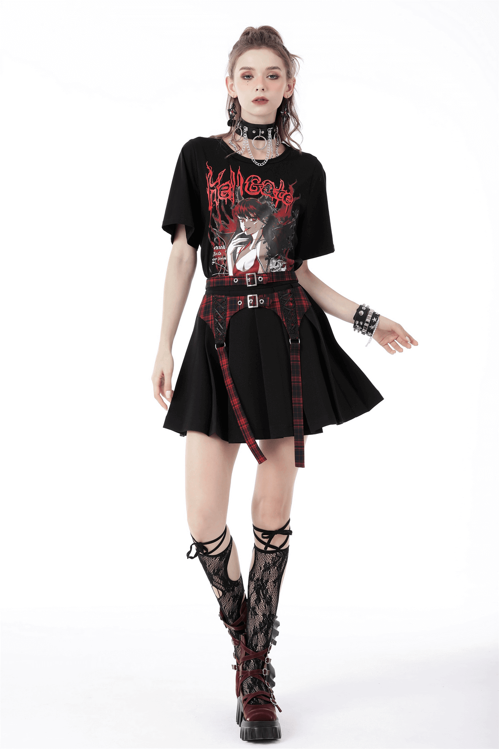 Stylish Plaid Pattern Mini Skirt with Black Buckles
