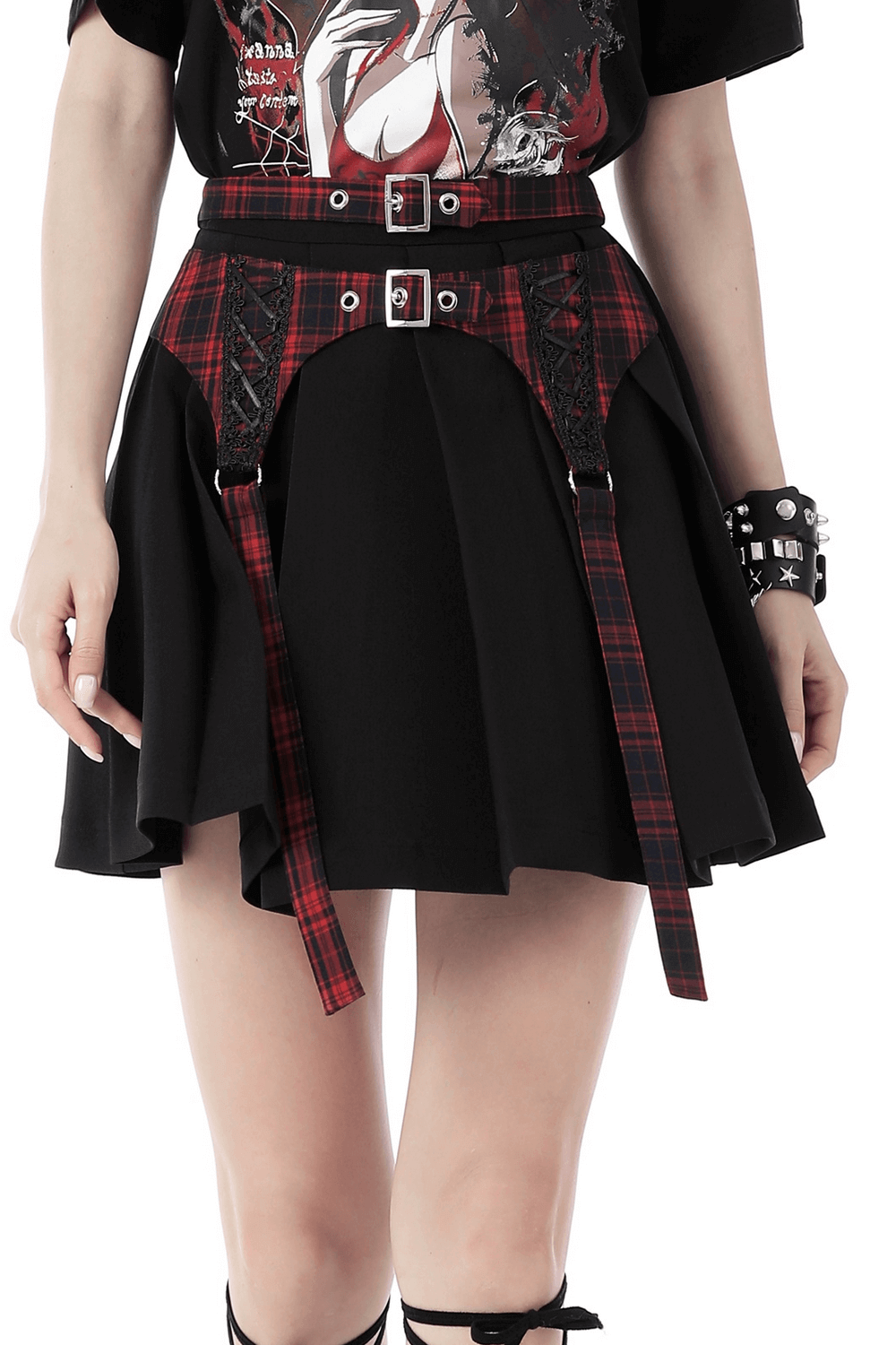 Stylish Plaid Pattern Mini Skirt with Black Buckles