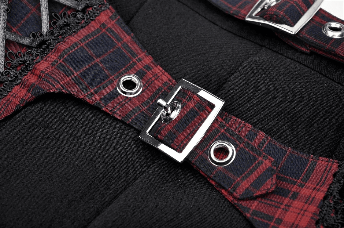 Stylish Plaid Pattern Mini Skirt with Black Buckles