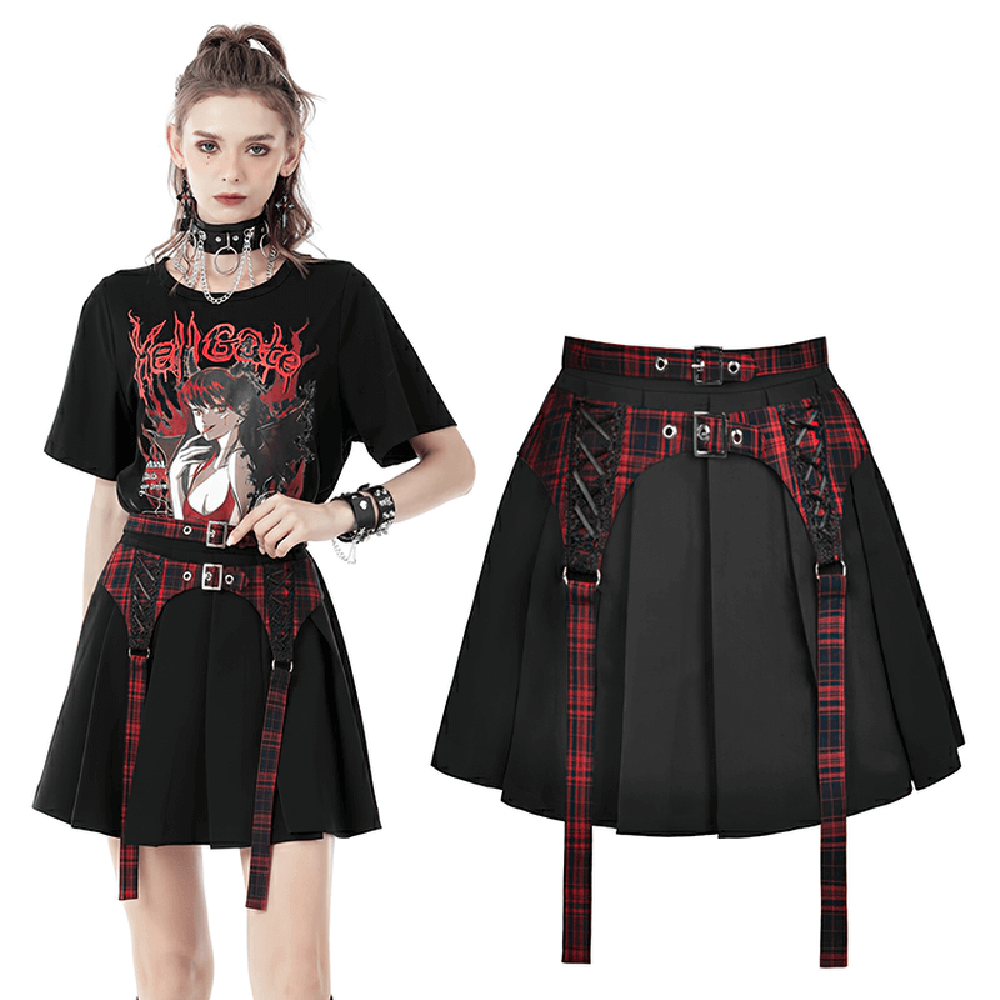 Stylish Plaid Pattern Mini Skirt with Black Buckles