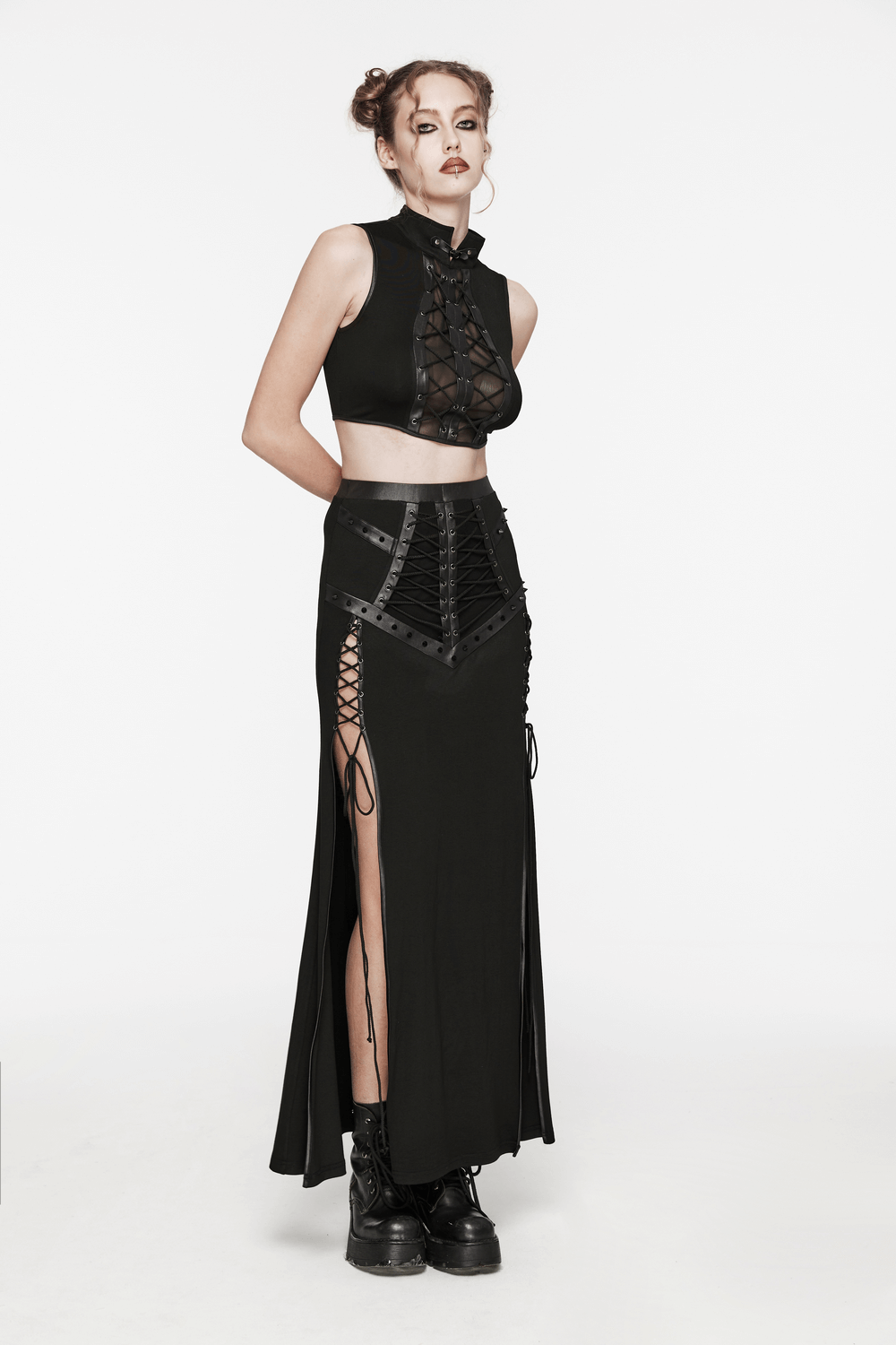 Stylish Punk Lace-up Crop Top with Mesh and Buckle