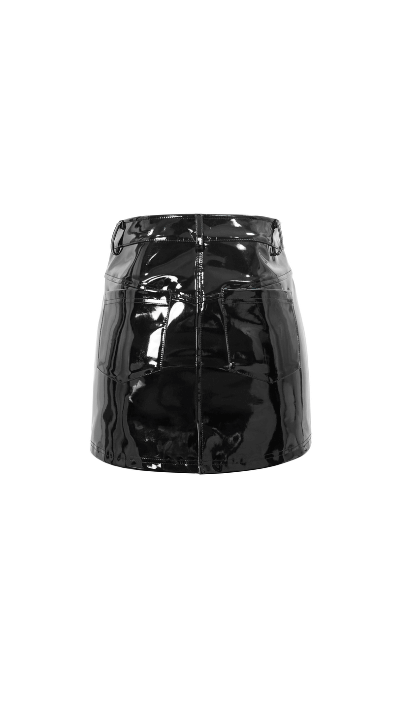 Stylish Vinyl Mini Skirt in Black Featuring Pockets