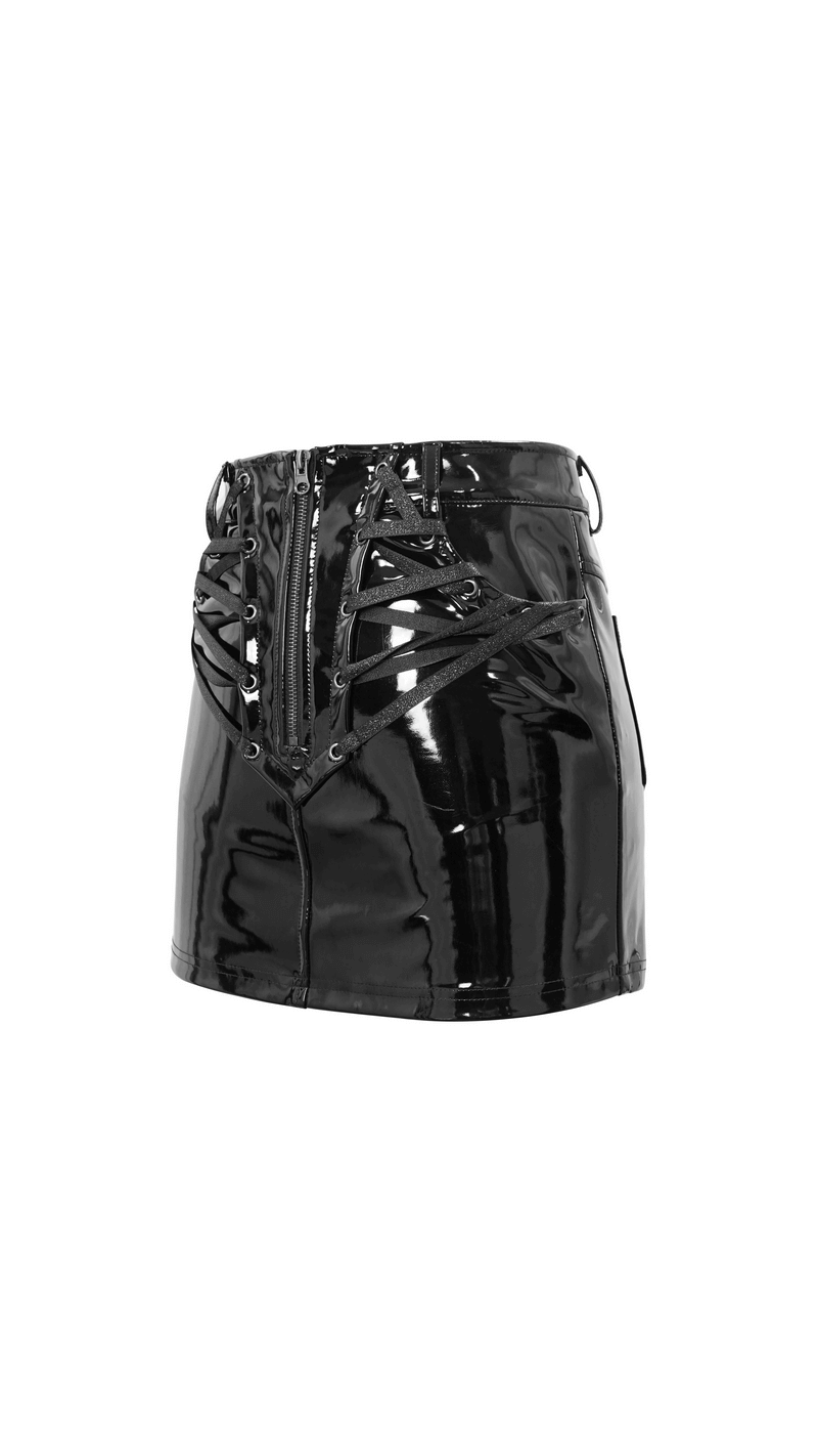 Stylish Vinyl Mini Skirt in Black Featuring Pockets