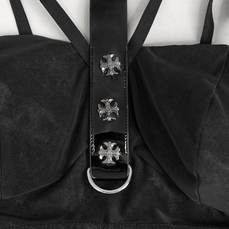 Sultry Black Bra for Women with Faux Leather Neck Strap
