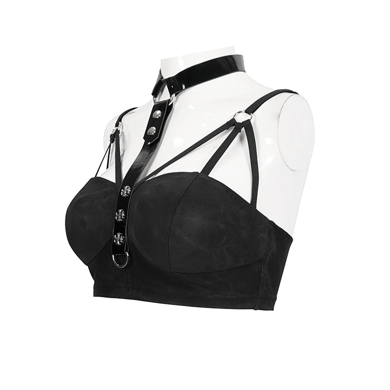 Sultry Black Bra for Women with Faux Leather Neck Strap
