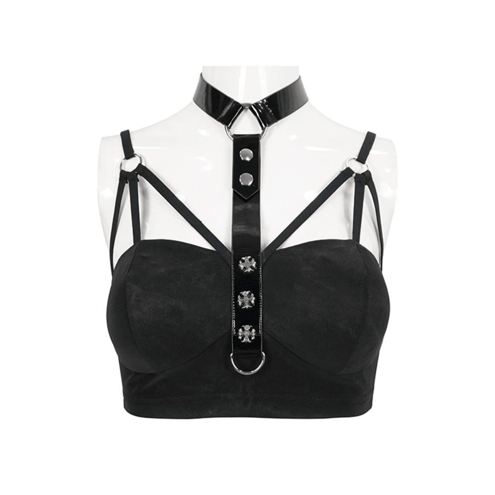 Sultry Black Bra for Women with Faux Leather Neck Strap