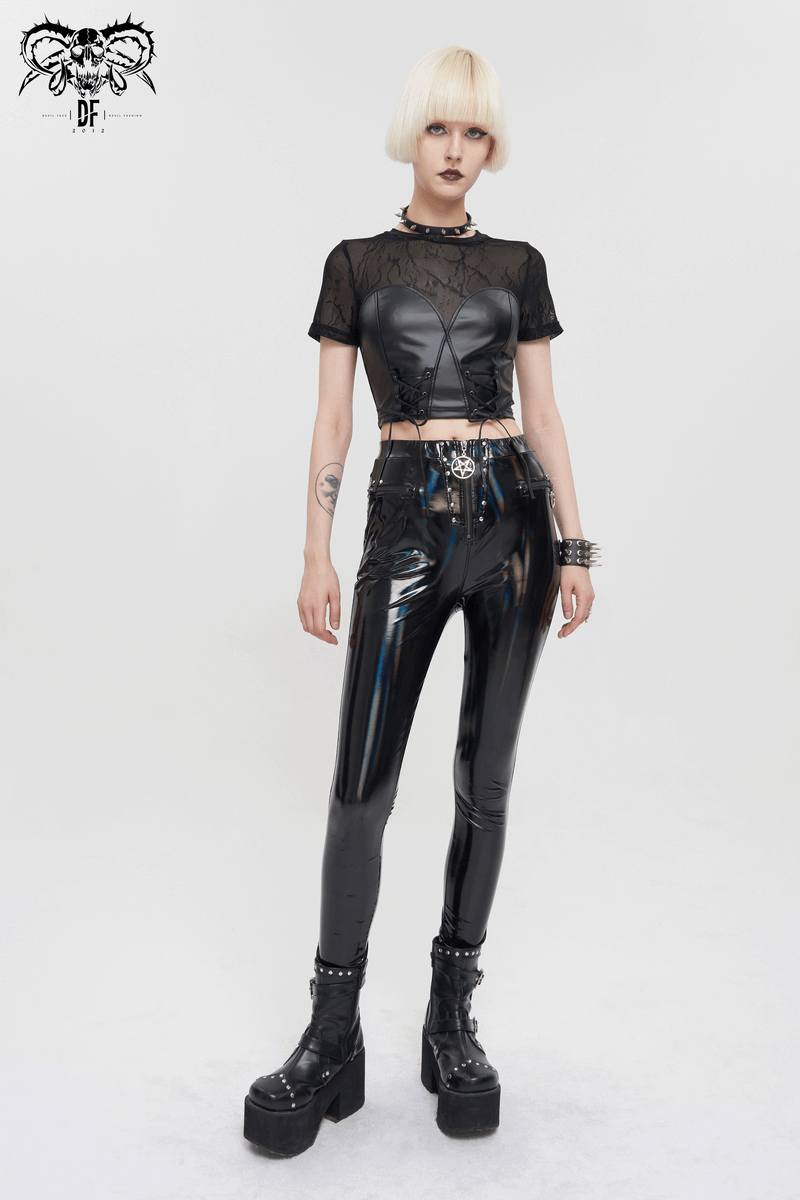 Sultry PU Leather Short-Sleeved Crop Top for Women