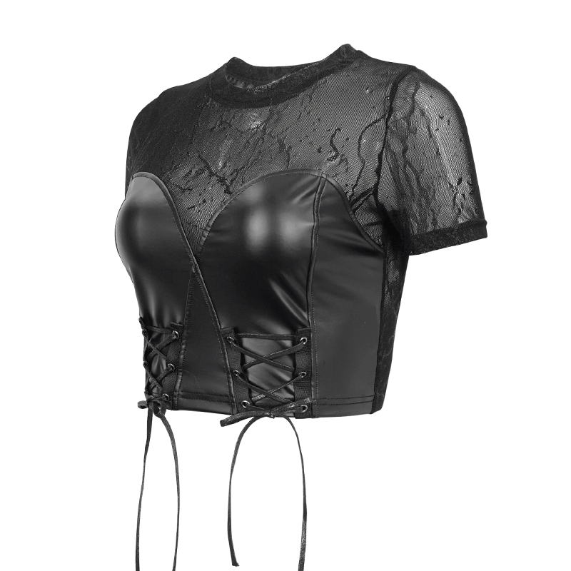Sultry PU Leather Short-Sleeved Crop Top for Women