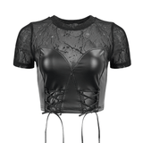 Sultry PU Leather Short-Sleeved Crop Top for Women