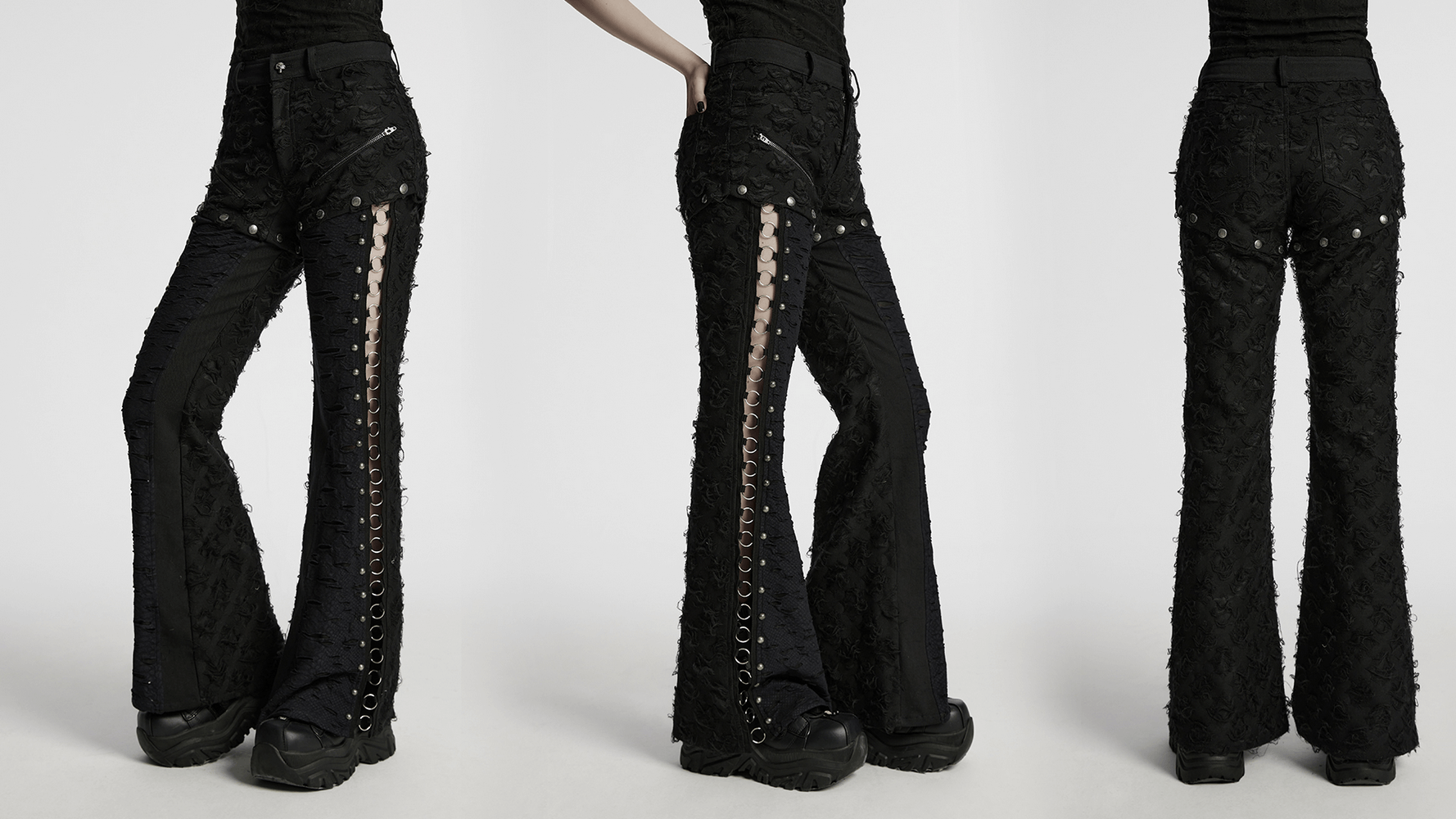 Tattered Punk Pants with Rose Detail and Split Legs