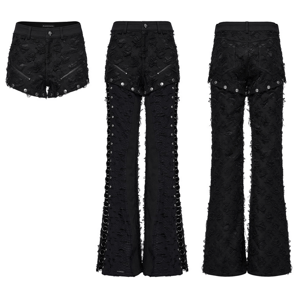 Tattered Punk Pants with Rose Detail and Split Legs