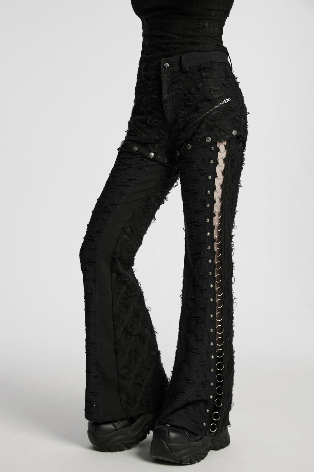 Tattered Punk Pants with Rose Detail and Split Legs
