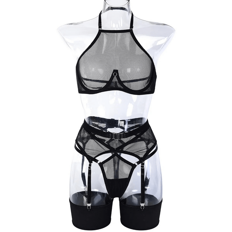 Transparent Mesh Lingerie With Bra And Panties / Women's Exotic 4-Piece Underwear Set - EVE's SECRETS