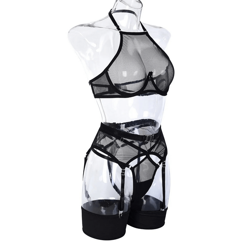 Transparent Mesh Lingerie With Bra And Panties / Women's Exotic 4-Piece Underwear Set - EVE's SECRETS