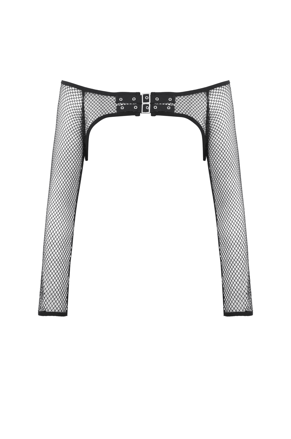 Trendy Black Long-Sleeve Fishnet Top with Buckles