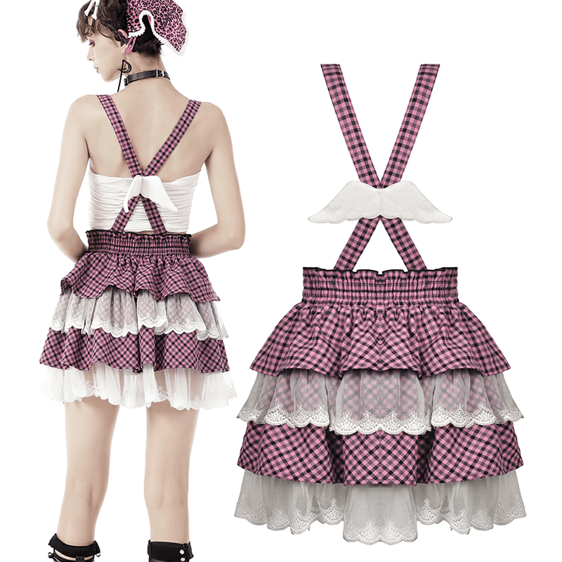 Trendy Pink Kawaii Pleated Skirt with Delicate Lace Details