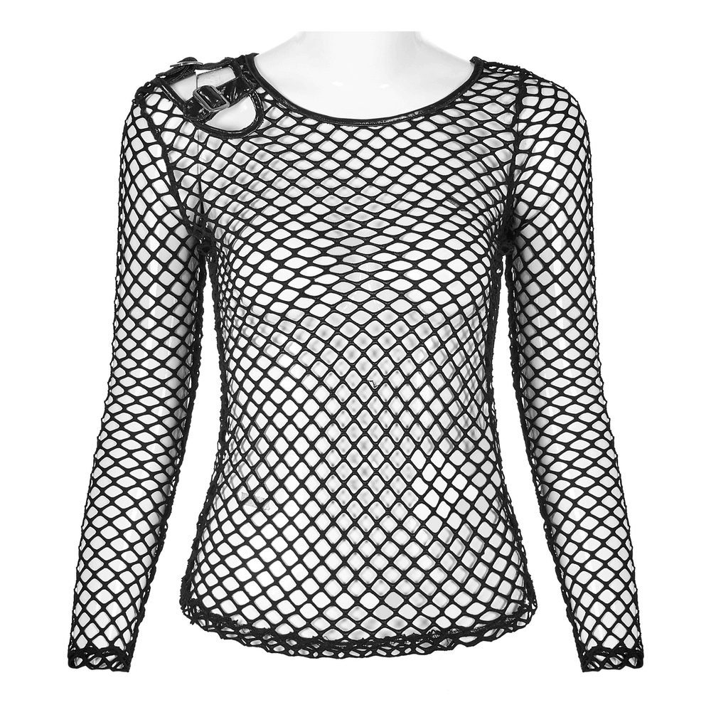Trendy Punk Mesh Top in Black with Buckle Accents