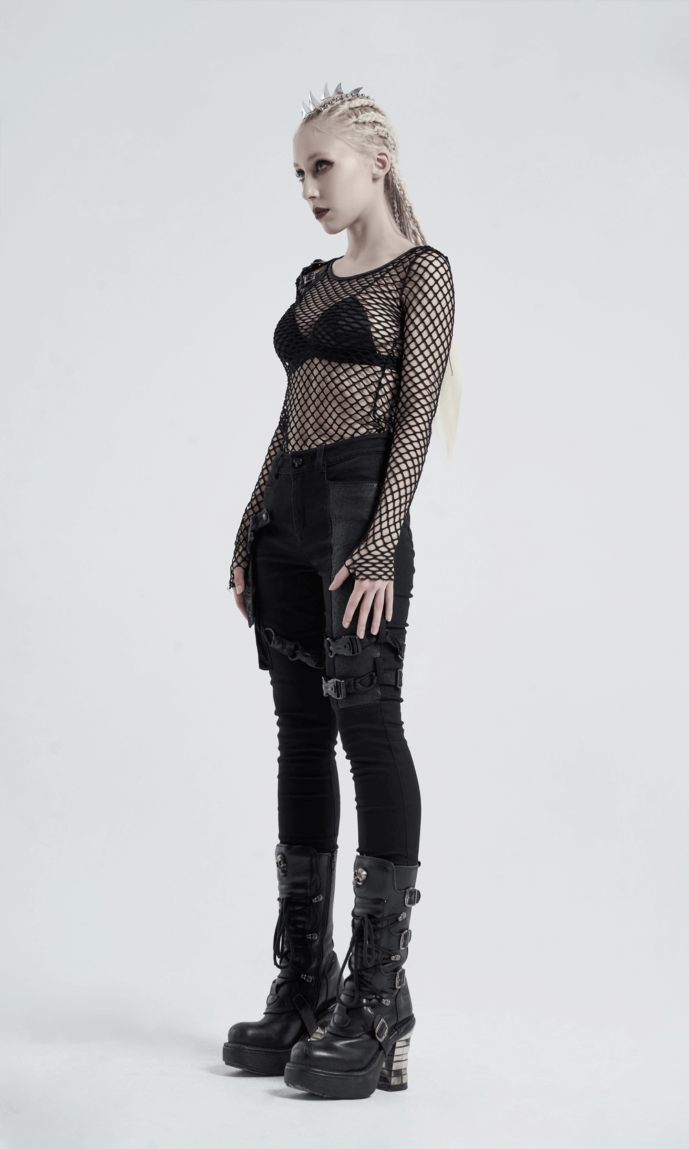 Trendy Punk Mesh Top in Black with Buckle Accents