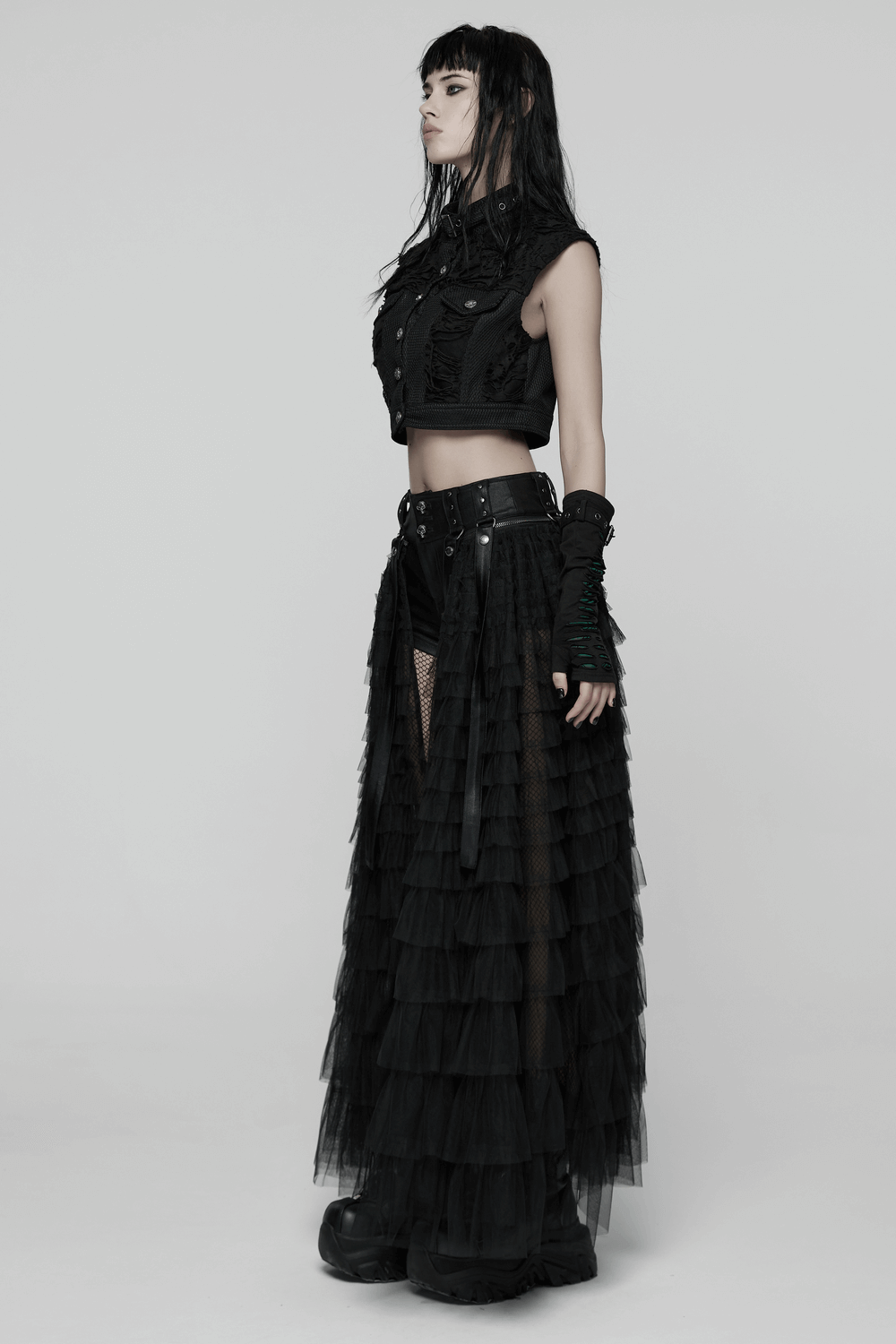 Tulle Layered Skirt Shorts with Punk Studs and Skull Details