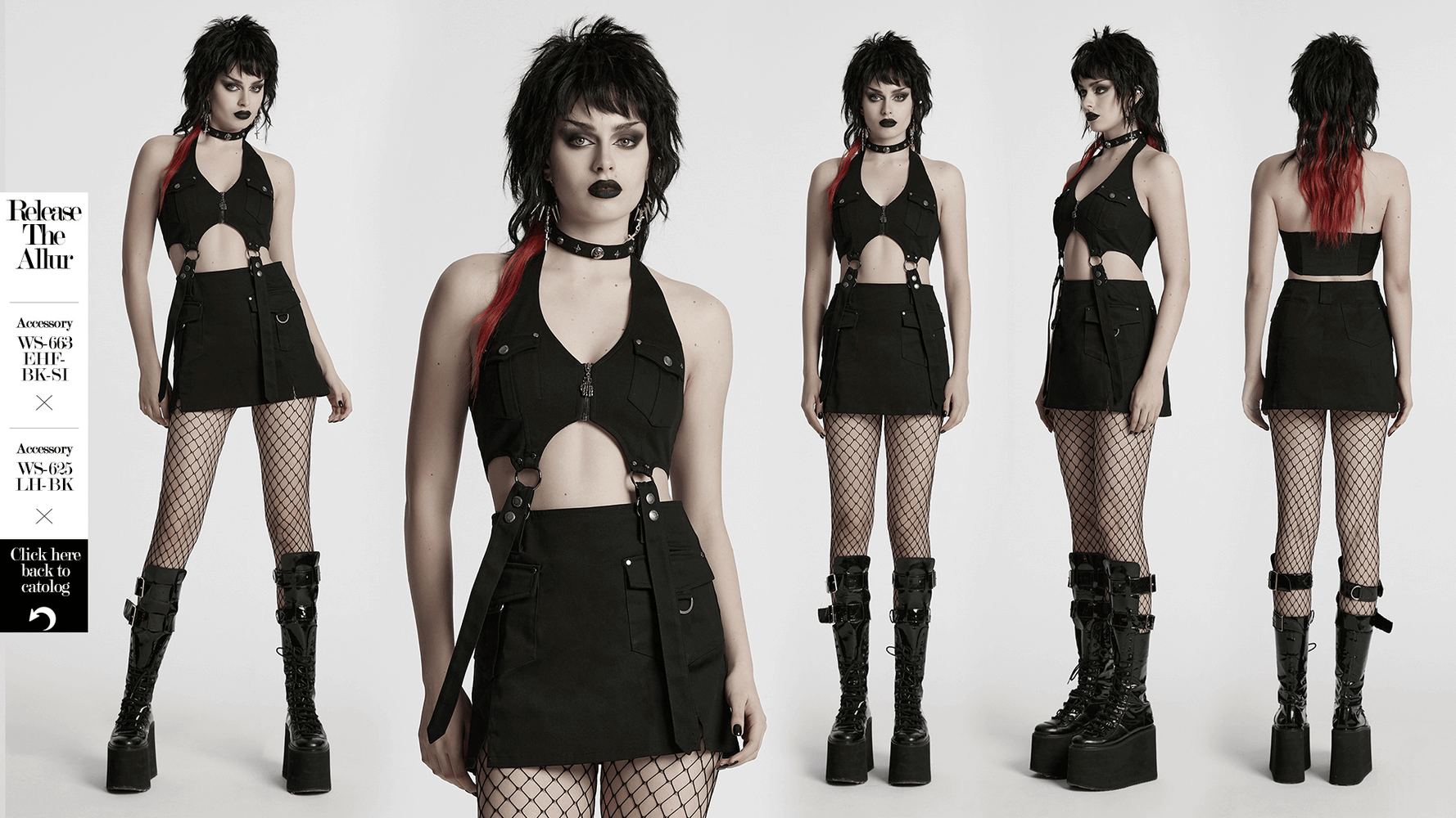 Model showcasing a black punk halter neck dress with zippers, utility pockets, and strap details.