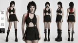 Model showcasing a black punk halter neck dress with zippers, utility pockets, and strap details.