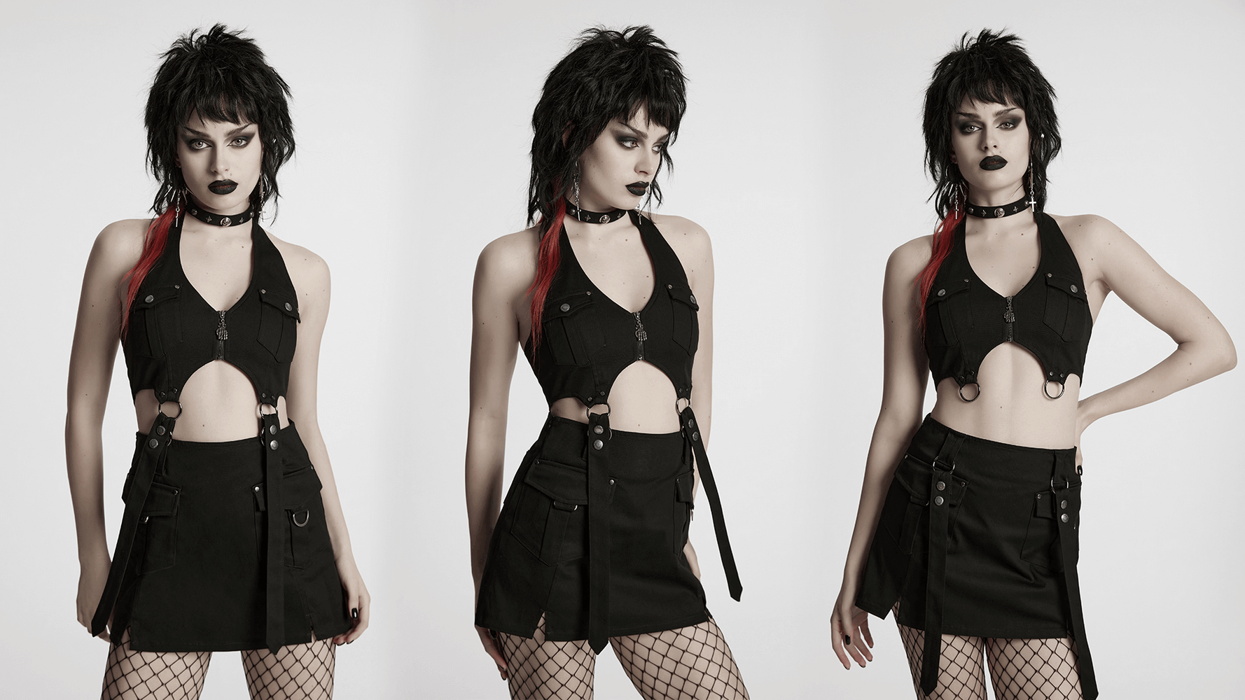 Model wearing Twill Punk Harness Dress with zippers and straps, showcasing edgy design and utility pockets.