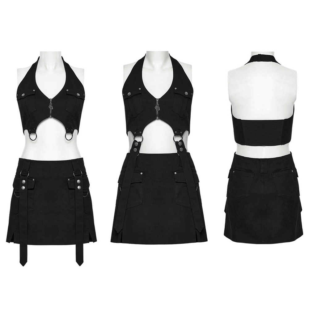 Black punk harness dress with zippers, utility pockets, and strap details in three views.
