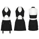 Black punk harness dress with zippers, utility pockets, and strap details in three views.