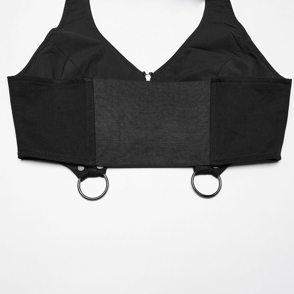 Black punk halter top with front zipper and strap accents featuring metal rings for a bold, edgy look.