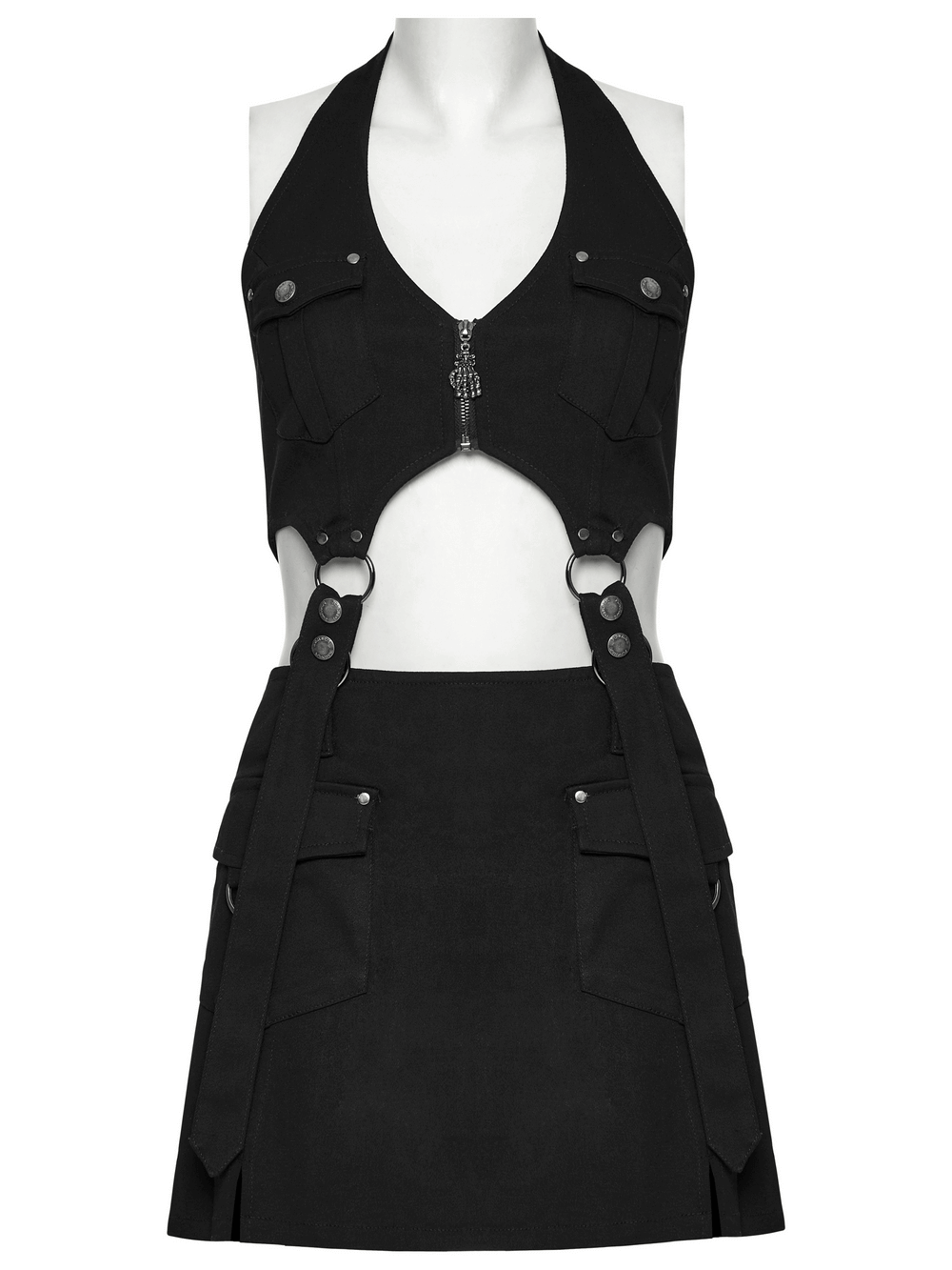Black punk halter neck dress with utility pockets, zippers, and strap details for edgy style.