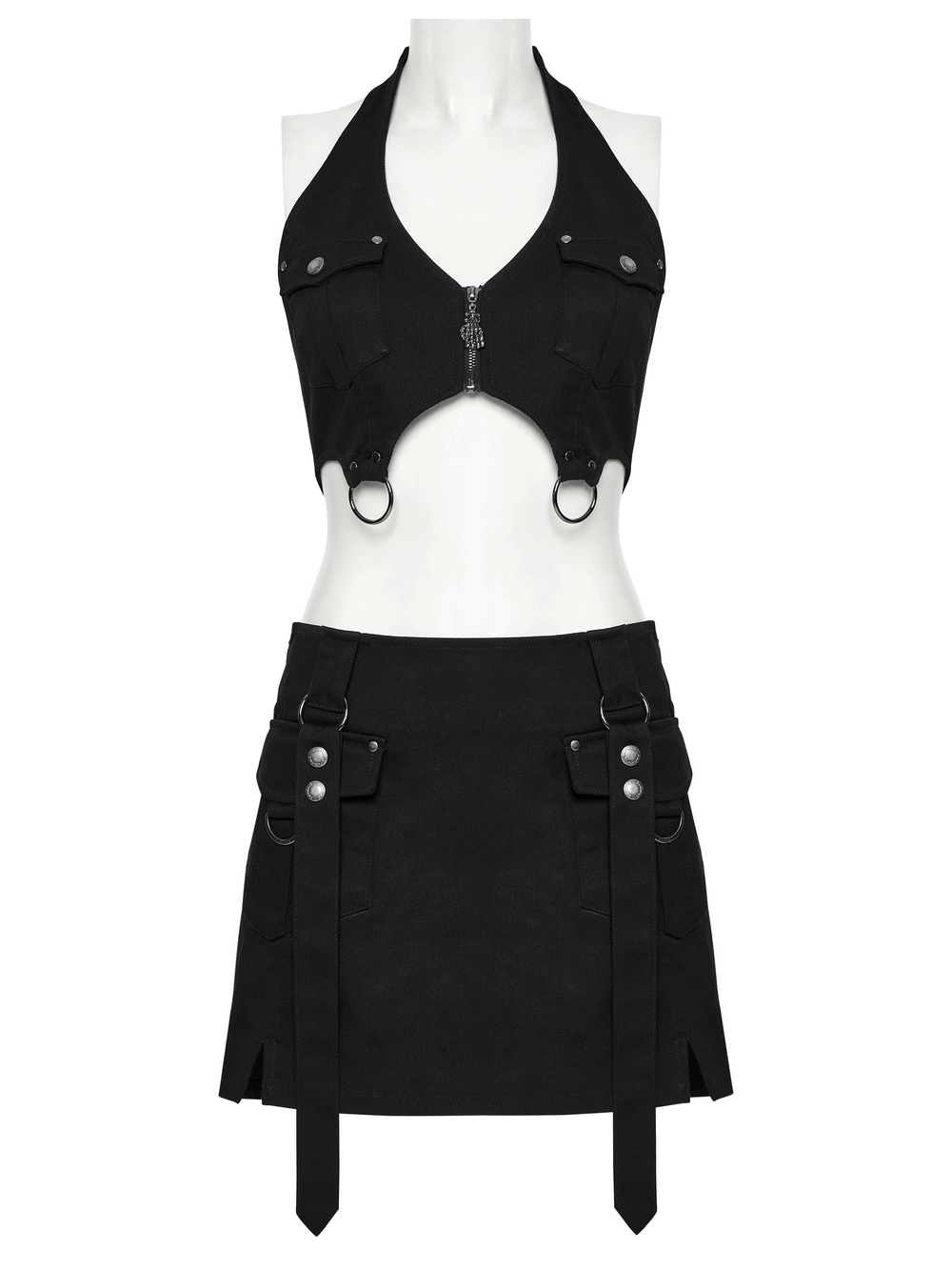 Black twill punk harness dress with zippers, strap details, utility pockets, and metal rings.