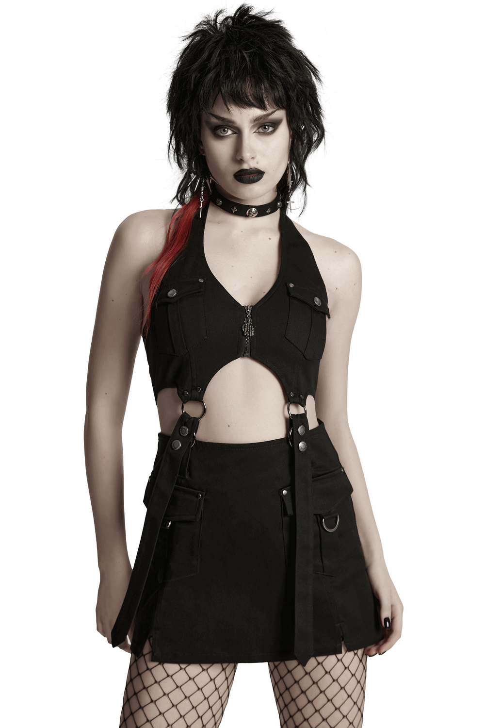 Punk halter neck dress in black featuring utility pockets, zippers, and strap details for an edgy look.