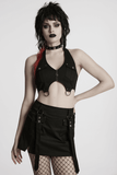 Black punk halter neck dress with zippers, straps, and utility pockets, styled with edgy accessories.