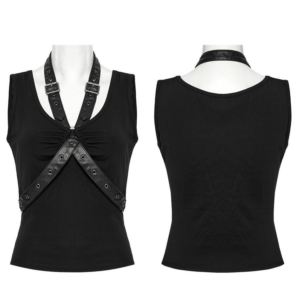 V-neck Tank Top with Faux Leather Straps and Cross Loops