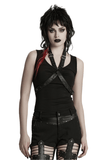 V-neck Tank Top with Faux Leather Straps and Cross Loops