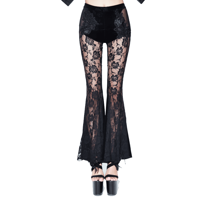 Velvet Flare Black Pants: Lace and Embroidery Trousers