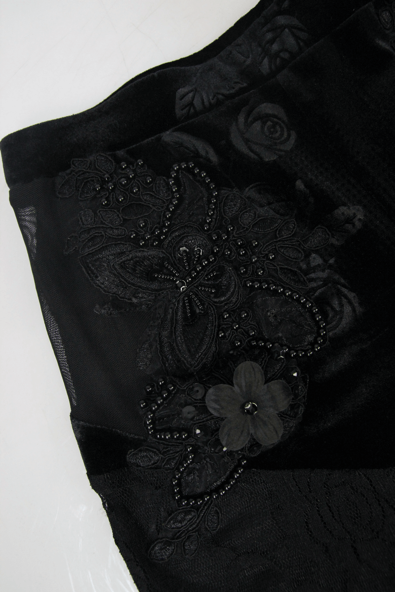 Velvet Flare Black Pants: Lace and Embroidery Trousers