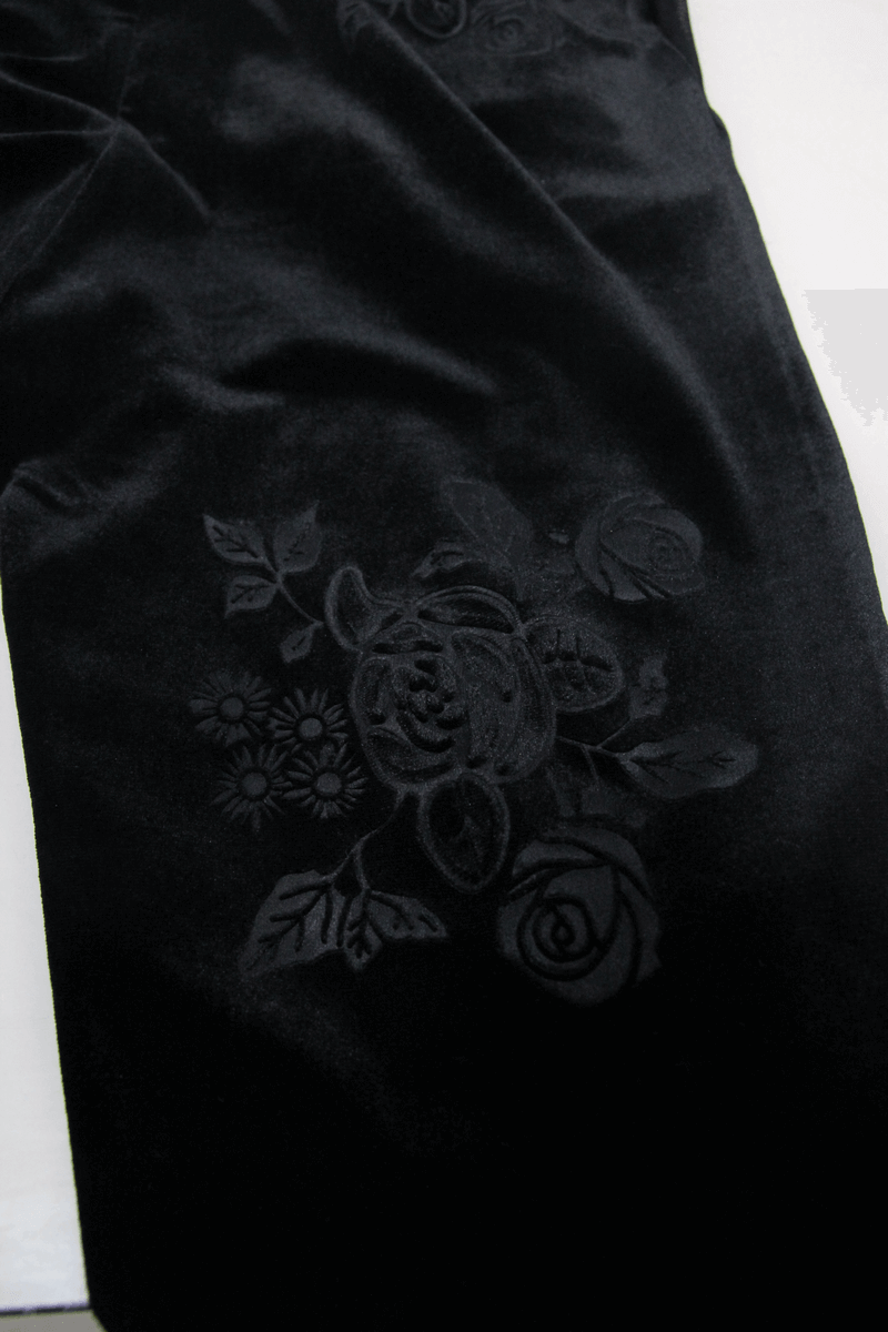 Velvet Flare Black Pants: Lace and Embroidery Trousers