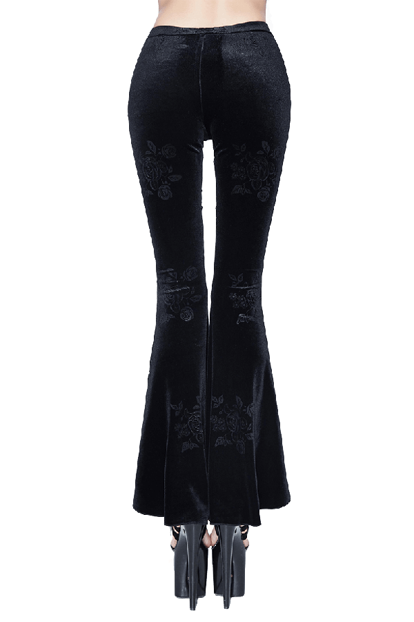 Velvet Flare Black Pants: Lace and Embroidery Trousers