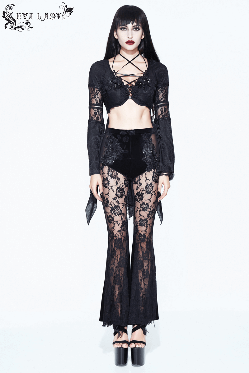 Velvet Flare Black Pants: Lace and Embroidery Trousers