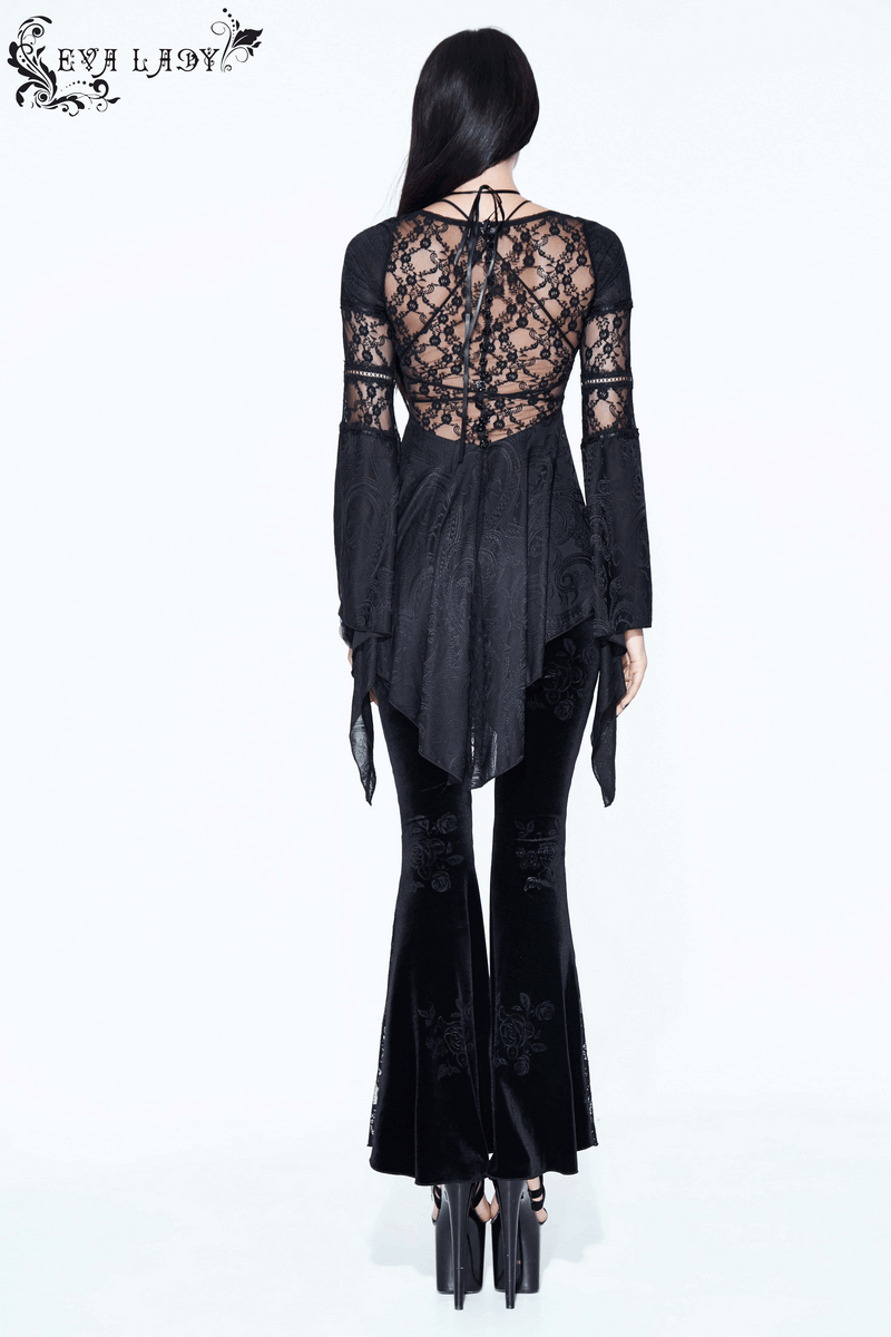 Velvet Flare Black Pants: Lace and Embroidery Trousers