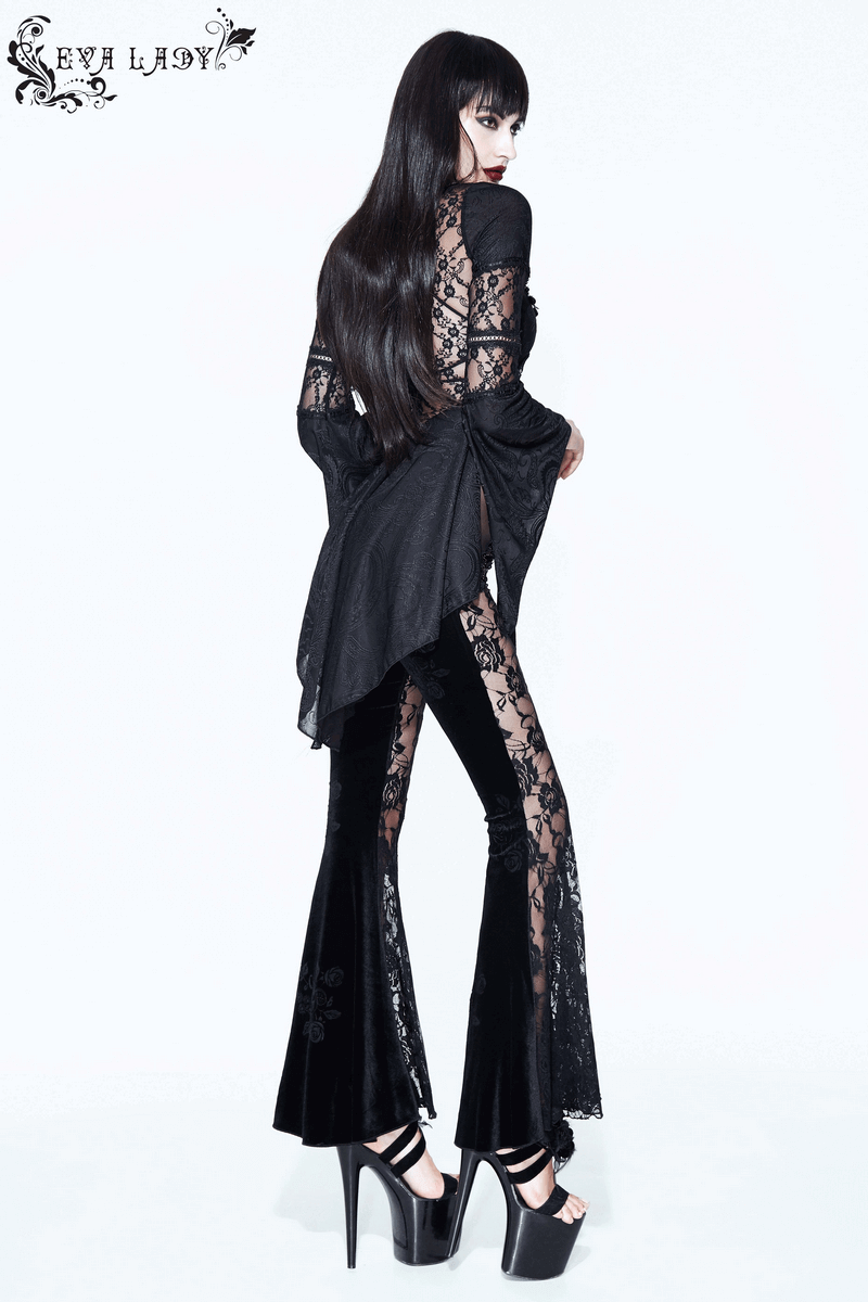 Velvet Flare Black Pants: Lace and Embroidery Trousers