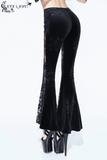 Velvet Flare Black Pants: Lace and Embroidery Trousers