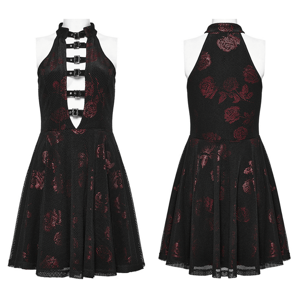 Velvet Goth Dress with Rose Print and Buckle Accents